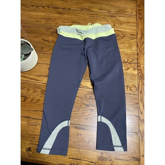 LULULEMON Leggings Sz 10 Lululemon Run Inspire Crop II Soot Quilt Gray/yellow - Picture 2 of 6